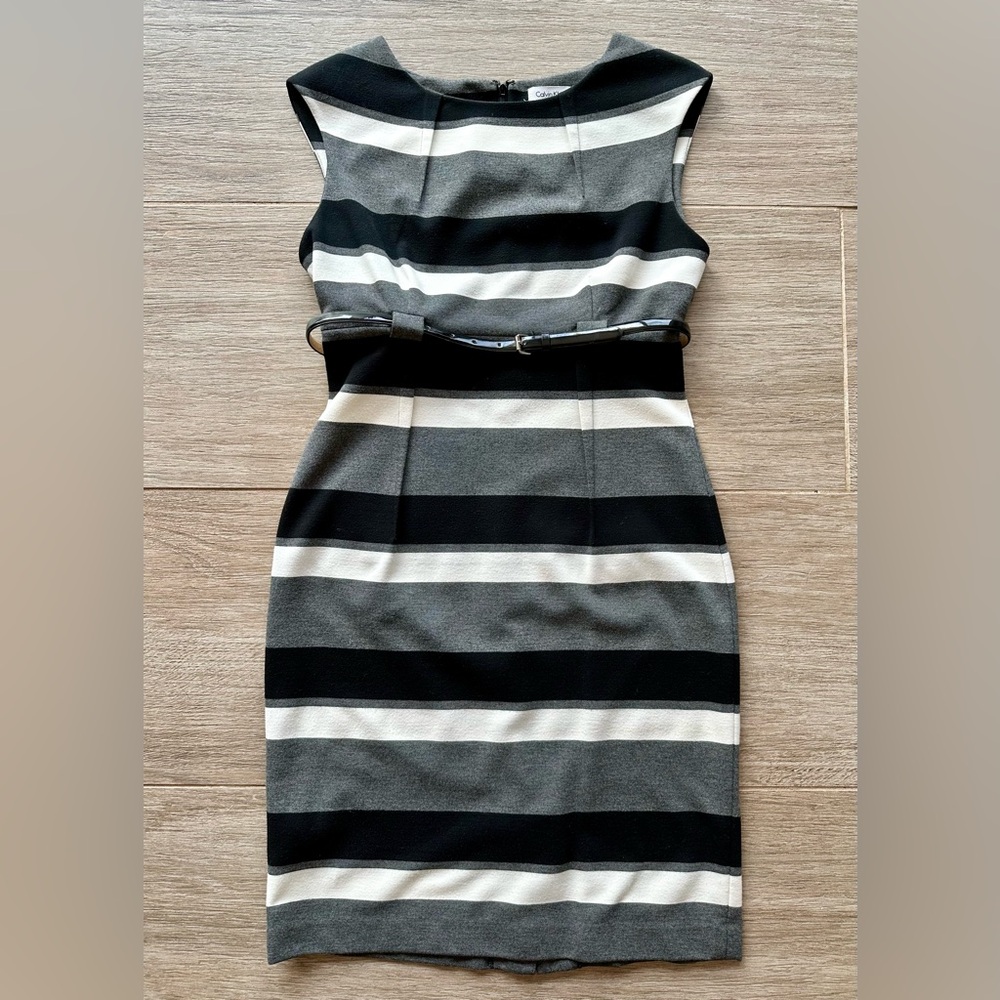 Calvin Klein Gray, Black and White Striped Sheath Dress with Patent Leather Belt